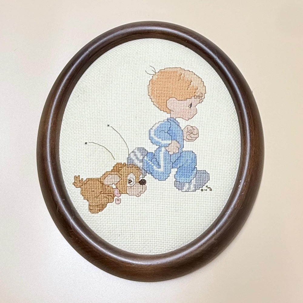 Vintage Precious Moments Cross Stitch Framed Art Boy and Dog Running Oval Wood